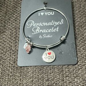 Silver “I Love You” Charm Bracelet with pink stone and silver heart